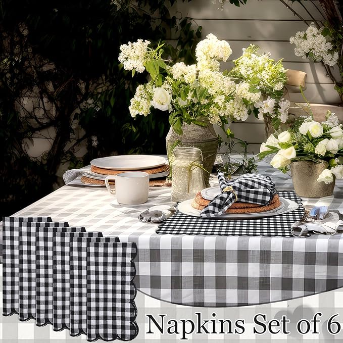 SmoothNovelty 12 Pack Buffalo Plaid Cloth Napkins 18x18 Inch Spring Checkered Cloth Napkins Scalloped Soft Cotton Table Mat Washable Reusable for Dinner Wedding Birthday Parties (Classic,Black)