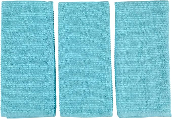 Serafina Home Aqua Light Blue Kitchen Dish Towels: (18" x 28", 3 Pack) 100% Cotton Cloth Soft Cleaning Drying Absorbent Ribbed Terry Loop, Multipurpose (Aqua Blue)