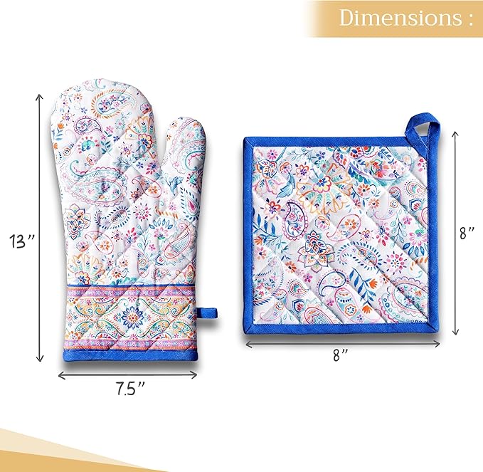 Maison d' Hermine 100% Cotton Oven Mitt & Pot Holder Set (7.5"x13" & 8"x8") Heat Resistant BBQ Cooking Gloves with Loop Baking Grilling Kitchen Gifts for Mothers Day Spring/Summer (Indian Floral)