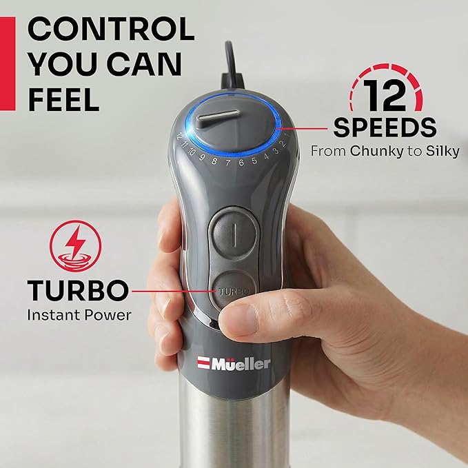 Mueller Multistick 5-in-1 Immersion Blender Handheld,12 Speed Hand Mixer-Turbo Boost,Heaviest Duty Copper Motor,Titanium reinforced Blades Hand Blender,Milk Frother Wand,Whisk,Beaker,Chopper,Grey