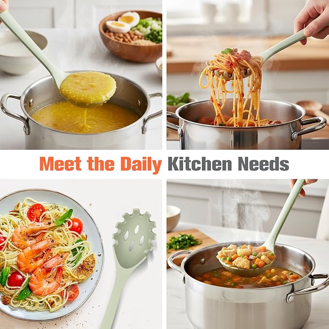 Silicone Spaghetti Spoon&Soup Ladle Cooking Utensils Set of 2,No Scratch for Nonstick Cookware,BPA Free, 450℉ Heat Resistant (Green)