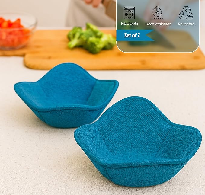 Set 2X Light Blue 7" sq. x 4"H Microwave Polyester Bowl Cloth - Home Kitchen Plate Hot Pads Pot for Microwaveable - Hot Heatproof Plate Holder Pots Holders for Bowls - Good Kitchen Accessories