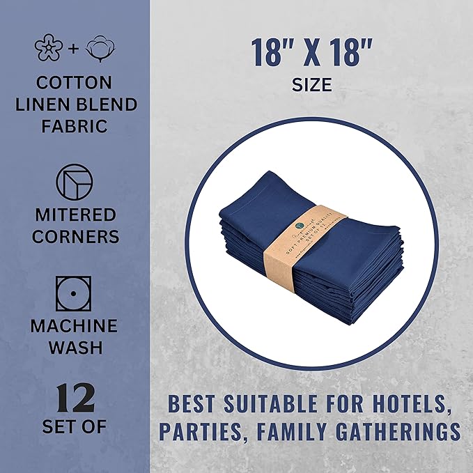 FINGERCRAFT Dinner Cloth Napkin Cotton Linen Blend 12 Pack Natural Premium Quality Mitred Corner for Every Day Use Pre Shrunk and Good Absorbency 18x18 in Easter Color Navy