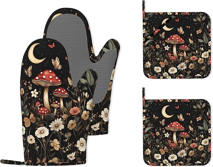 Red Mushroom Butterfly Heat-Resistant Silicone Oven Mitts and Pot Holders,Moon Plant Flowers Long Oven Gloves with Non-Slip Grip for Cooking, Baking, Grilling,BBQ