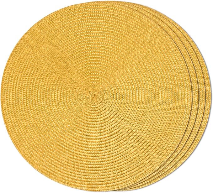 FunWheat Round Braided Placemats Set of 4 Table Mats for Dining Tables Woven Washable Non-Slip Place mats 15inch (Yellow, 4pcs)