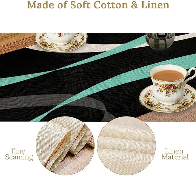 Abstract Geometric Table Runner Teal Grey and White Striped Black Background Modern Kitchen Dinner Runner for Indoor Home Living Room Party Dining Table Decoration 13"x60"