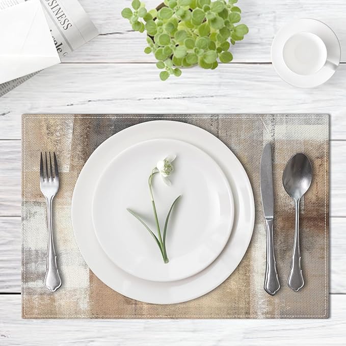 Emvency Farmhouse Placemats Set of 6,12x18 Inch Linen Rectangular Place Abstract Modern Beige Geometric Minimalist Table Mats for Indoors & Outdoor Home Party Kitchen Dining Decoration