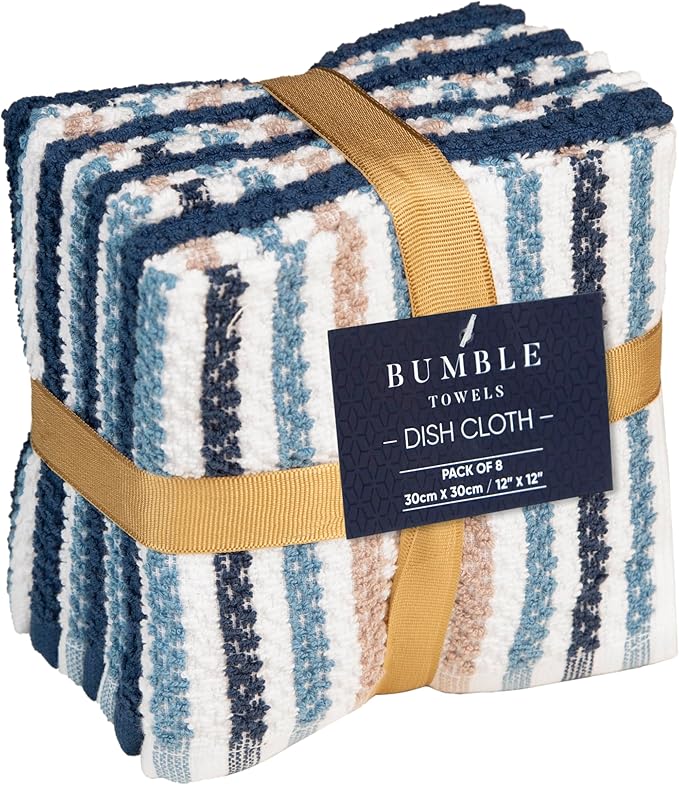 Bumble Premium Dish Cloths Towel 12"x12" | 100% Natural Ring Spun Cotton Tea Towel Set | 430 GSM | Highly Absorbent & Soft Dish Towels | 8 Pack - 4 Popcorn Wide Striped & 4 Solid Kitchen Towels - Blue
