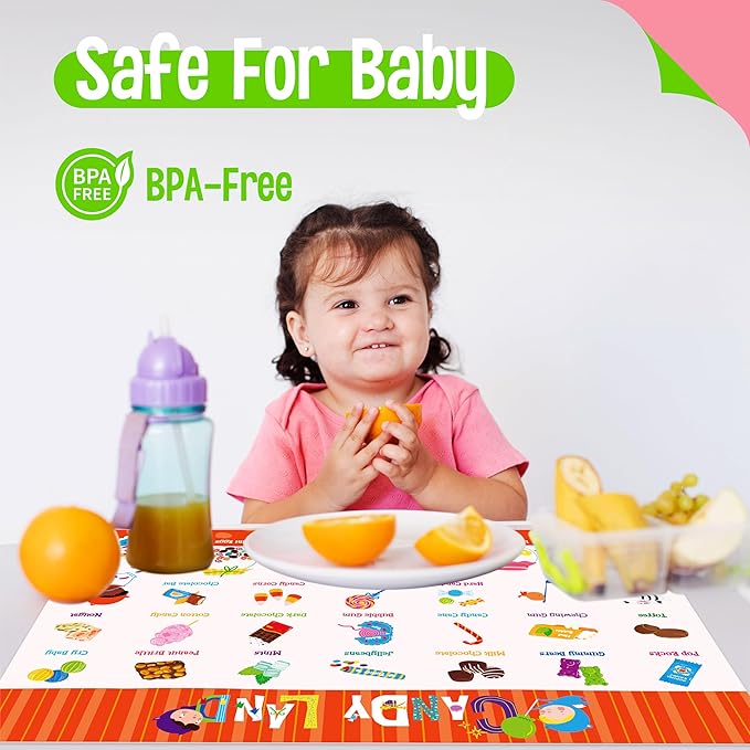 6 Pack Placemats for Kids, Non-Slip Washable Table Mats, Reusable Food Themed Dining Mats - Fruits, Vegetables, Snacks, Candies, Everyday Meal, Educational Placemats for Home, Classroom, Nursery