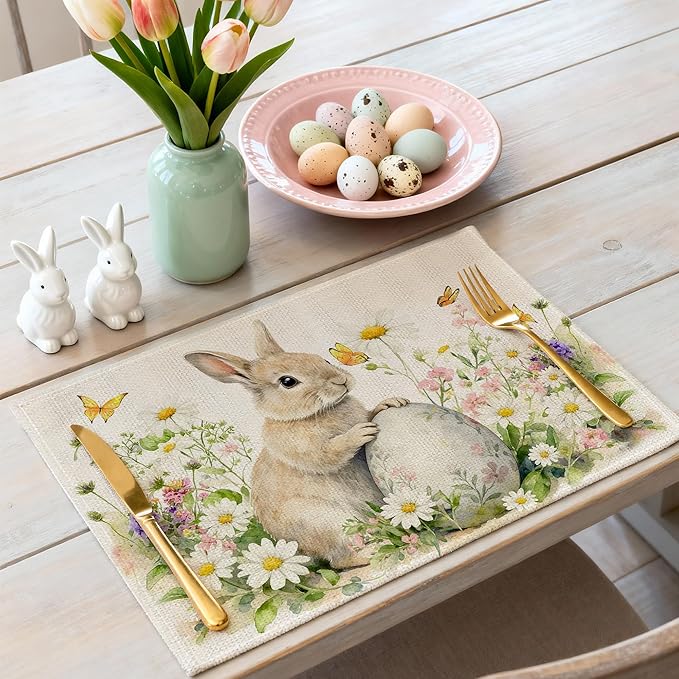 Easter Placemats Set of 4 12x18 inch for Dinning Table, Easter Decor for Party, Home - Bunny and Tulips Farmhouse Table Mat Spring Decroations