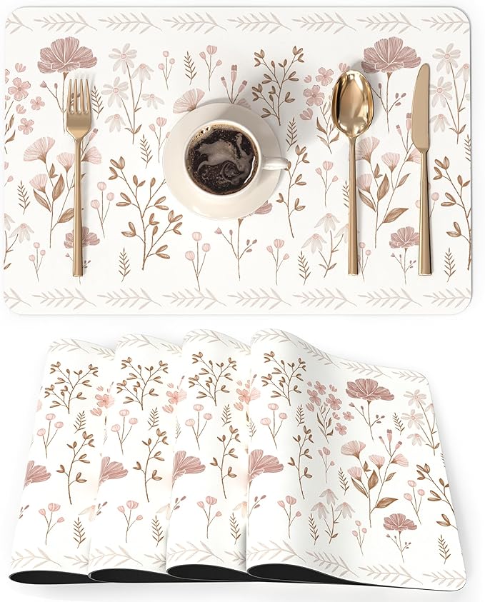 QIYI Placemats Set of 4, 12x18 Inch Faux Leather Place Mats for Kitchen Dinning, Heat Resistant Anti Slip Floral Table Mats, Waterproof Wipeable Washable Placemat Party Beige Table Décor, Pink Flowers