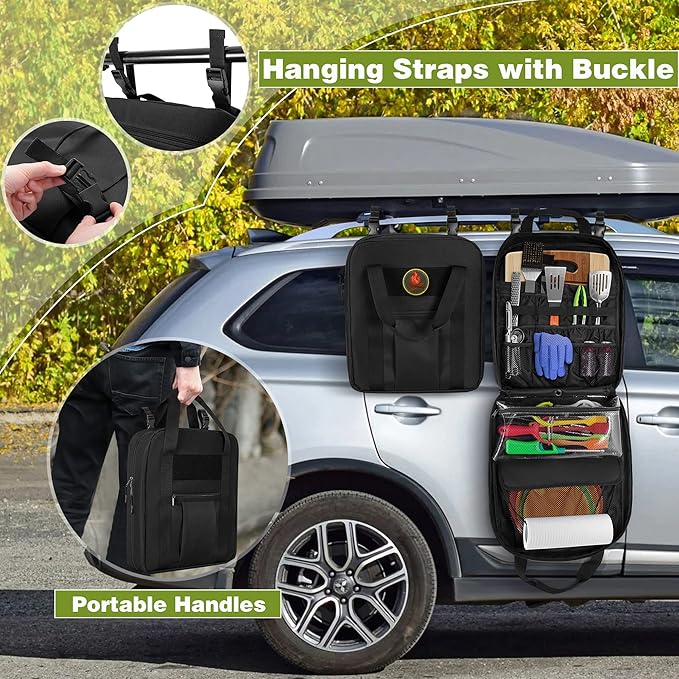 HODRANT Hanging Camp Utensil Organizer with Towel Paper Holder, Portable Camping Kitchen Cookware Bag for Knives, Forks, Spoons & More, Outdoor Cooking Tools Storage Box for Travel & Hiking, Bag Only