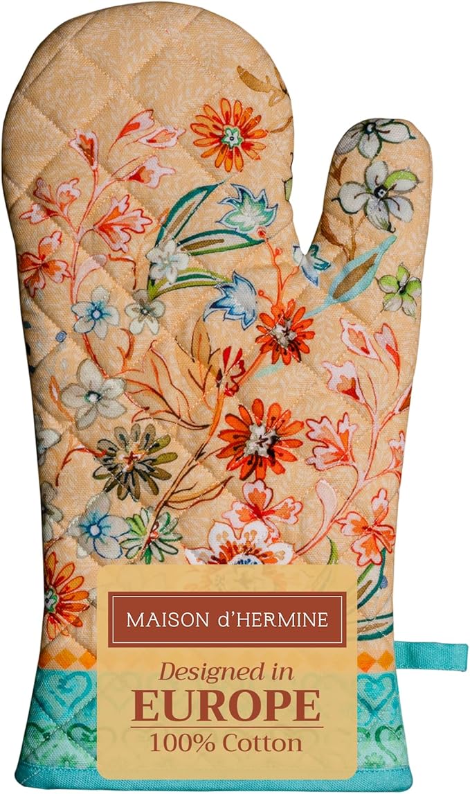 Maison d'Hermine Oven Gloves 100% Cotton Oven Mitt 7" x 13" with Loop Heat Resistant BBQ Cooking Gloves Baking Grilling Gifts for Mothers Day Spring/Summer (Pack of 1, Luxury Loft - Peach)
