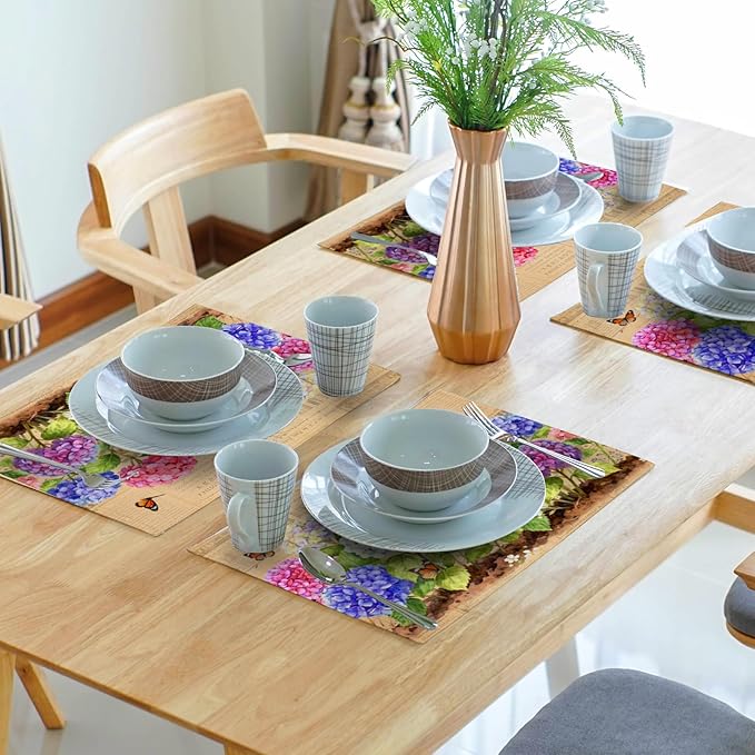 Vintage Hydrangea Floral Linen Placemat 12 X 18 in Table Place Mat Set for Family Dinners Wedding Party