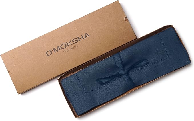 D'Moksha Homes Linen Placemats Set of 4 - Classic Hemstitch Navy Blue Placemats 14 x 19 Inch - 100% Pure Linen Table Mats for Spring - Handcrafted and Machine Washable