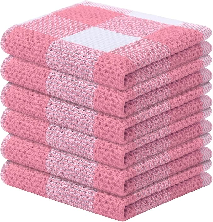 Mordimy 100% Cotton Waffle Weave Plaid Dish Cloths, 12 x 12 Inches, Super Soft and Absorbent Quick Drying Buffalo Check Dish Rags for Kitchen, 6-Pack, Pink