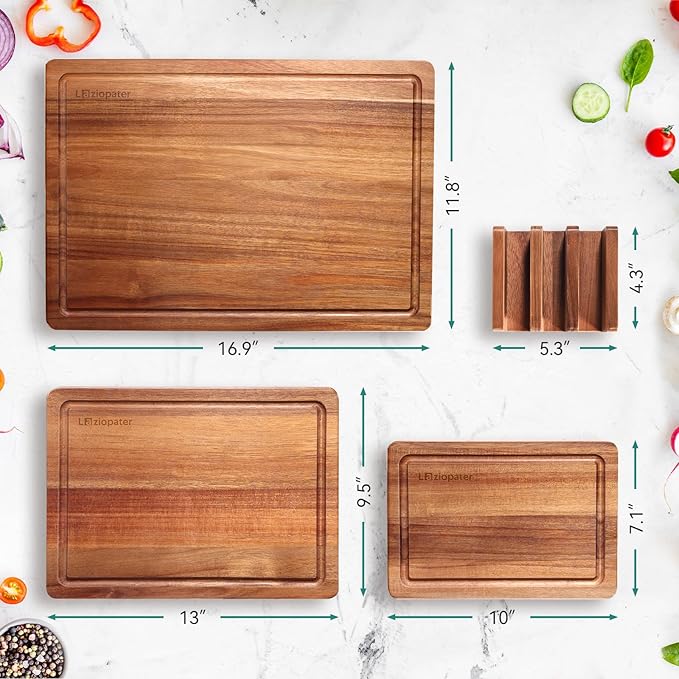 LAZIOPATER Wood Cutting Board Set, 3-Piece Rectangular Boards for Kitchen, 18x12x0.75 Inches, Hand Wash Only (Acacia Wood)
