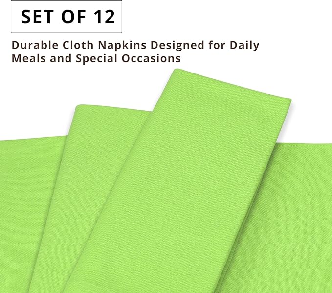 PurpleEssences Set of 12 Cloth Dinner Napkins 100% Cotton 18x18 Inch - Soft Durable Washable - Ideal for Farmhouse Party St Patricks Day Spring Summer - Perfect Everyday Use Table Linen - Apple Green