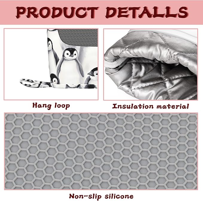 Funny Cute Penguin Heat-Resistant Silicone Oven Mitts and Pot Holder 4 Piece Set,Non-Slip Kitchen Oven Gloves for Baking, BBQ, Cooking,Grilling