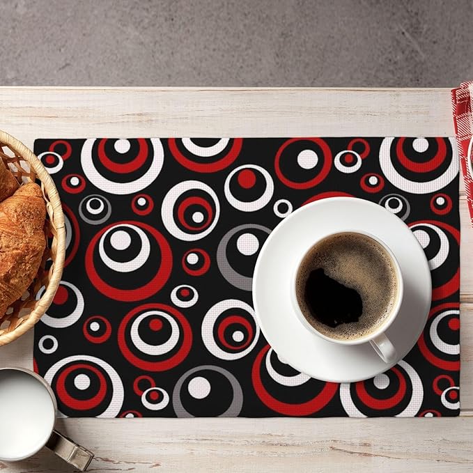 Set of 4 Modern Geometric Black Red and White Circles Patterned Linen Placemats, 12 x 18 Inch Non-Slip Heat Resistant Abstract Art Red Black Table Mats for Kitchen Home Party Dining Table, Home Decor