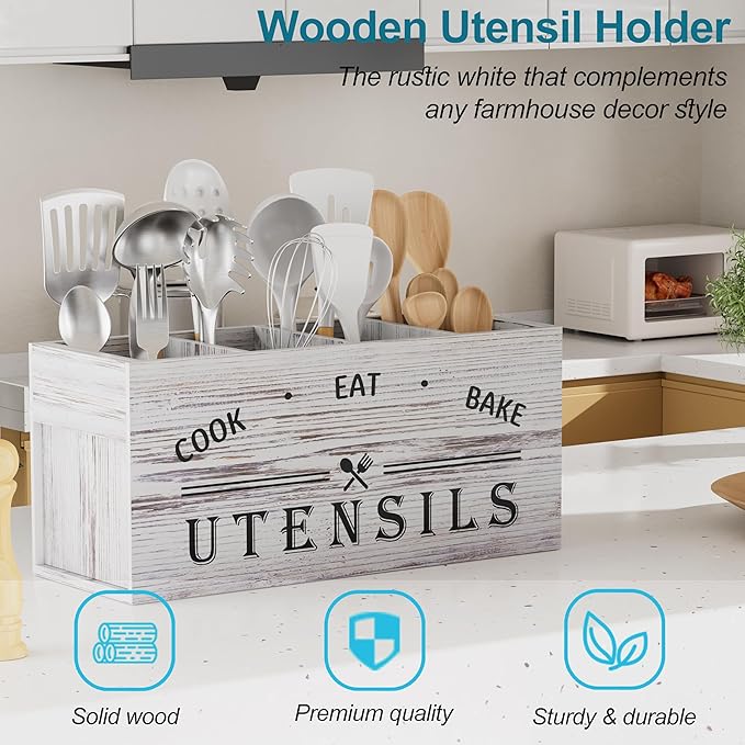 ZUJJAFY Utensil Holder for Kitchen Counter, Large Kitchen Utensil Holder for Countertop with 4 Compartments, Wooden Cooking Utensil Organizer for Spatula Storage, White