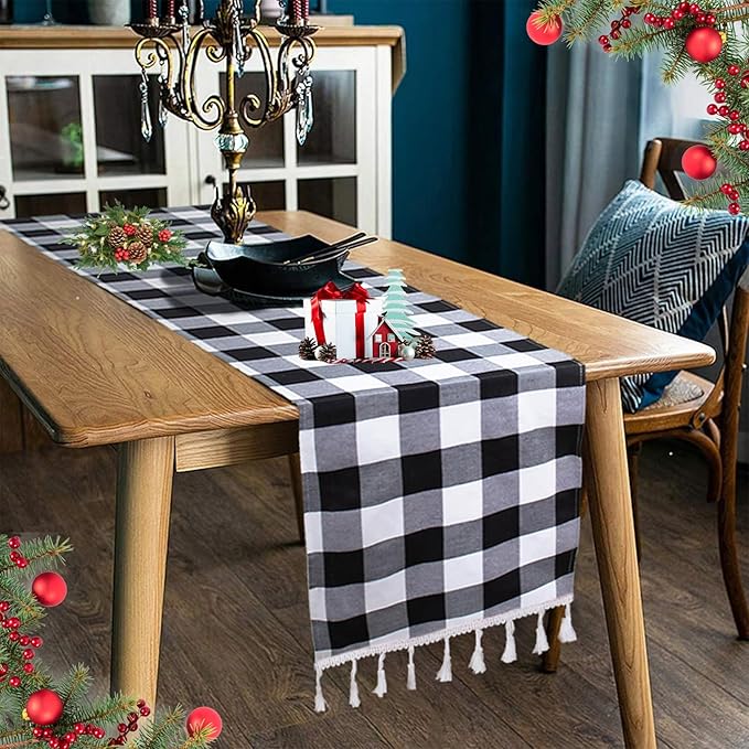 DUOBAO Buffalo Plaid Table Runner 14x108-Inches Black and White Checkered Tables Runners with Tassel Linen Christmas Decor Gingham TableRunner Rustic Farmhouse Style