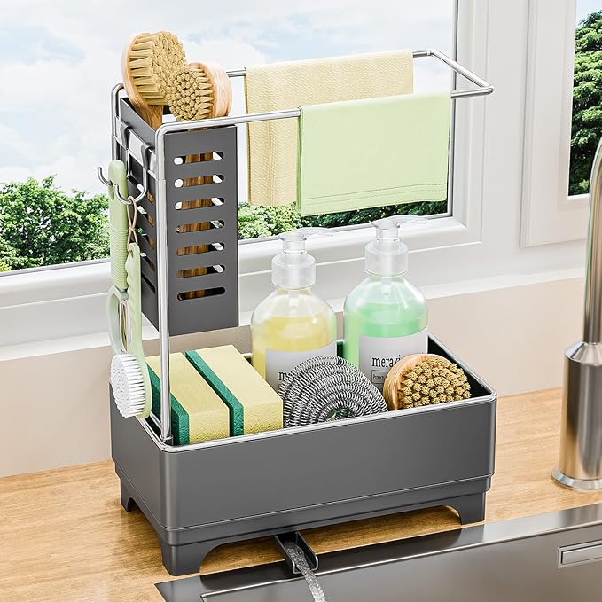 Kitchen Sink Caddy with Stainless Steel Towel Holder, Handy Sponge Holder for Kitchen Sink with Extending Drain Spout, No-Tool Assembly Space Saver for sink Countertop Accessories(Gray)