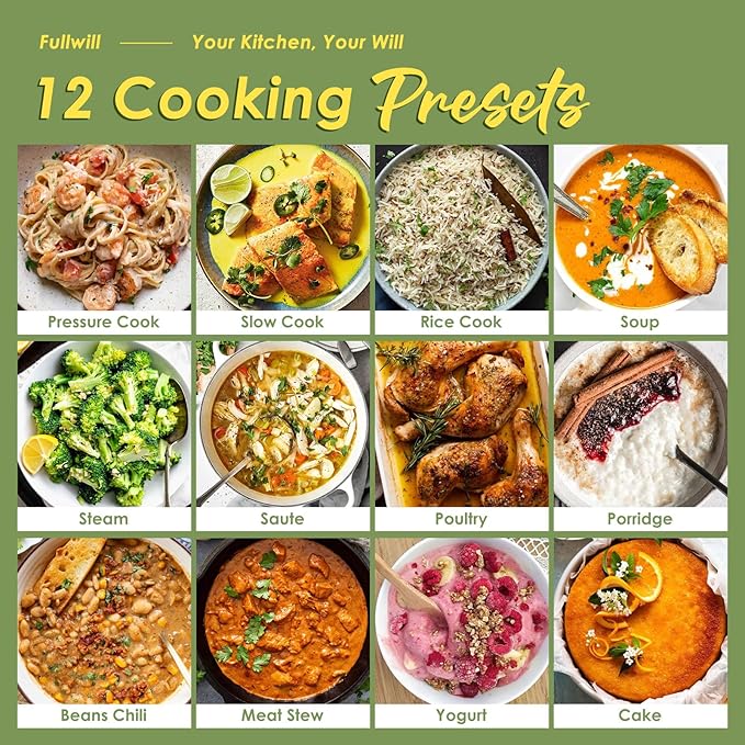 Fullwill 9-in-1 Electric Pressure Cooker, 12 Presets Instant Multi Cooker, Olla de Presion Nonstick Pot 6 Quarts Slow Cooker, Rice Cooker, Steamer, Sauté, Yogurt Maker, Warmer