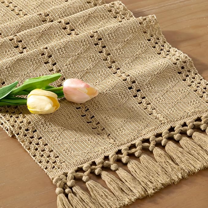 Socomi Boho Table Runner Easter Spring Farmhouse Rustic Dining Kitchen Centerpiece Decor Small Macrame Woven Cotton Linen Coffee Table Runner for Dresser Scarf Home Decor 12x36 inch Champagne