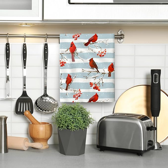 Winter Birds Cardinal Christmas Decor Kitchen Towels Decorative Set Soft Absorbent Hand Towels for Kitchen Bar Tea Towels Christmas Holiday Decor Gifts 16x24 Inch