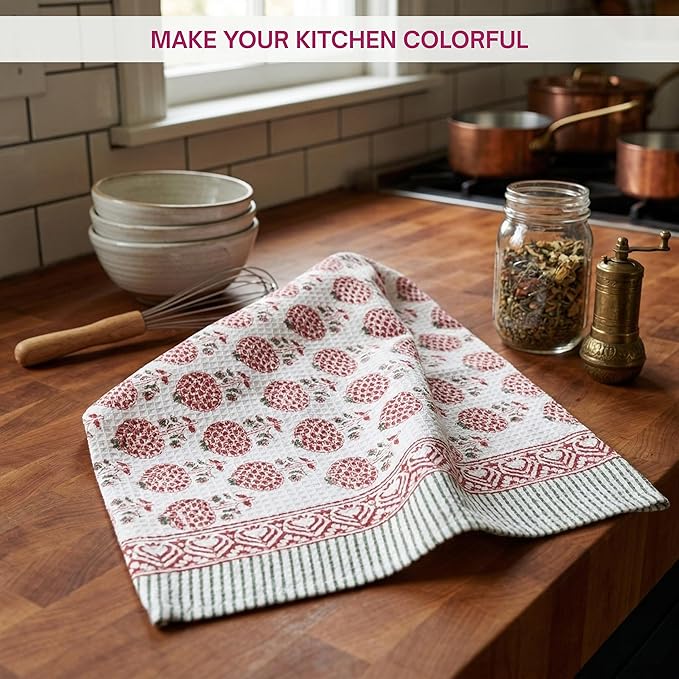 ATOSII 100% Cotton Hand Block Print Waffle Kitchen Towel, Set of 3, 18 x 26 Inches Ultra Absorbent Quick Dry Dish Towels, Lightweight Reusable Sustainable Tea Towels for Cleaning and Drying, Roma Red