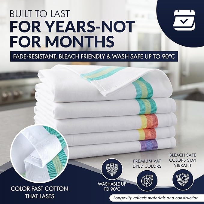 Harringdons 100% Cotton Kitchen Towels, Highly Absorbent Dish Towels for Kitchen with Hanging Loop, Large 20"x28" Washable Towels, Assorted Colors, 6 Pack