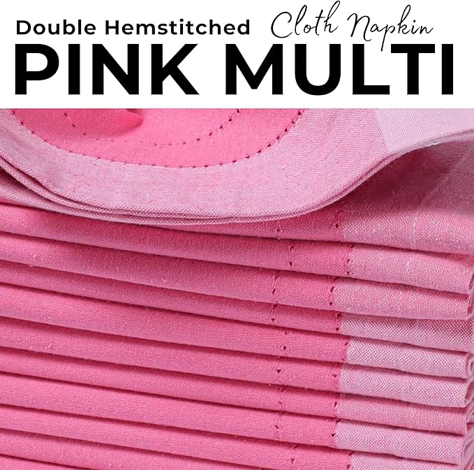 Bedding Craft Cotton Cloth Dinner Napkins Set of 12 – 20x20 Pink Multi Double Hemstitched – Machine Washable Fabric Napkins for Weddings, Parties & Dining Tables