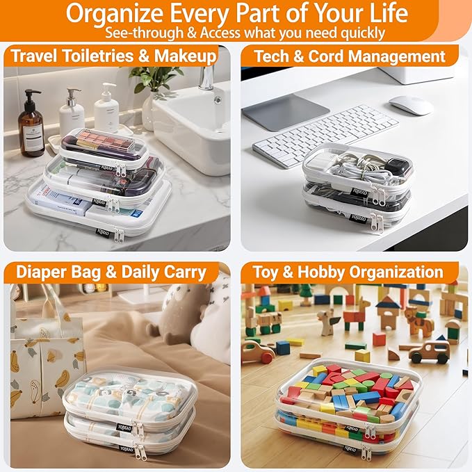 YQBRAO Hard Sided Clear Zipper Case for Storage- Professional-Grade Plastic Clear Zipper Pencil Case,Toy Storage Bins, Toiletry Pouch, Travel Organizer, Cosmetic Bag（White,2 Pack, L）