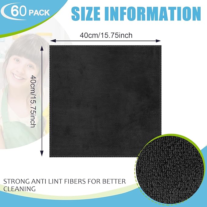 Nuenen Microfiber Cleaning Cloths for Cars 16 x 16 Inch Ultra Absorbent Car Towels Drying Reusable Cleaning Supplies House Kitchen Window Microfiber Towel(Black,60 Pcs)