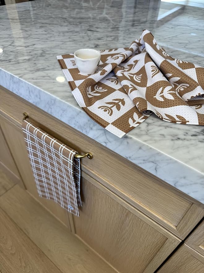2 Pack || Double Sided|| Not Your Ordinary Kitchen Towels || Dish Towels || Quick Dry || Waffle Weave Microfiber || Designer Prints || Highly Absorbent || Hanging Hook (tan Checkered)