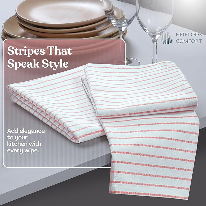Orange Stripe Cotton Kitchen Towels Set of 3, Durable & Super Absorbent Dishcloths Pack, Classic Stripe Towel Set, Quick Dry Towels for Daily Kitchen Use, Wiping & Drying Dishes