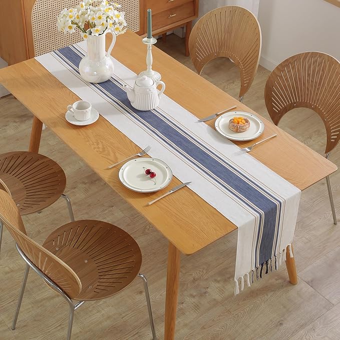 Niviy Blue Table Runner 108 Inches Long with Tassels, Seasonal Summer Washable Embroidered Striped Braided Blue and White Boho Table Runners for Holiday Party 12 x 108 Inches