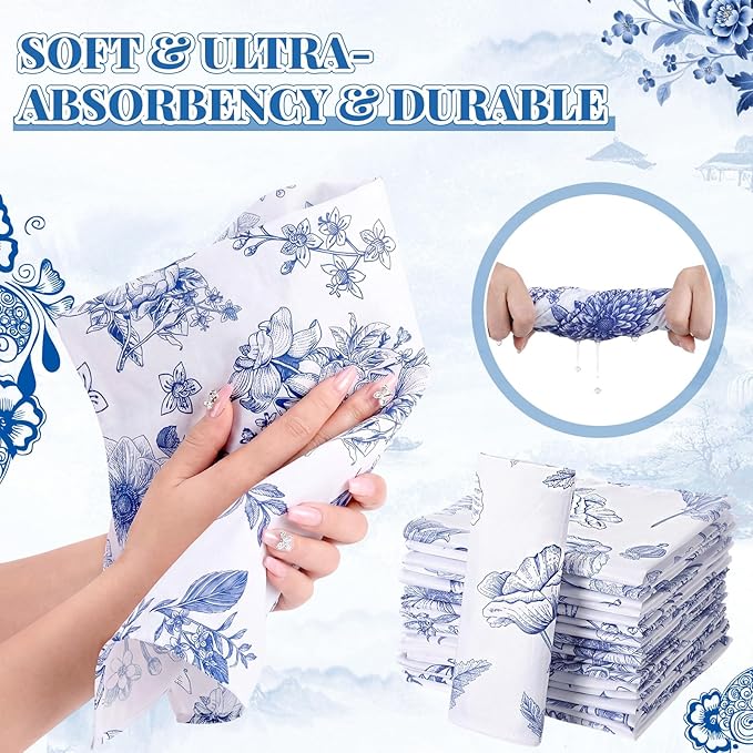 Nuogo 36 Sets Chinoiserie Blue and White Cloth Napkins 15" x 15" Oriental Blue and White Dinner Napkins Reusable Cloth Hand Towels for Guest Chinese Style Wedding Dinner Table Decor