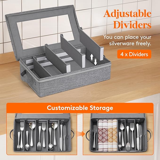 Lifewit Silverware Storage Box, Covered Flatware Organizer with Zipper Lid, 5 Compartment Cutlery Case with Adjustable Divider and Handle, Utensil Container for Spoon Fork Knives, 2 Pack, 27 -43cm