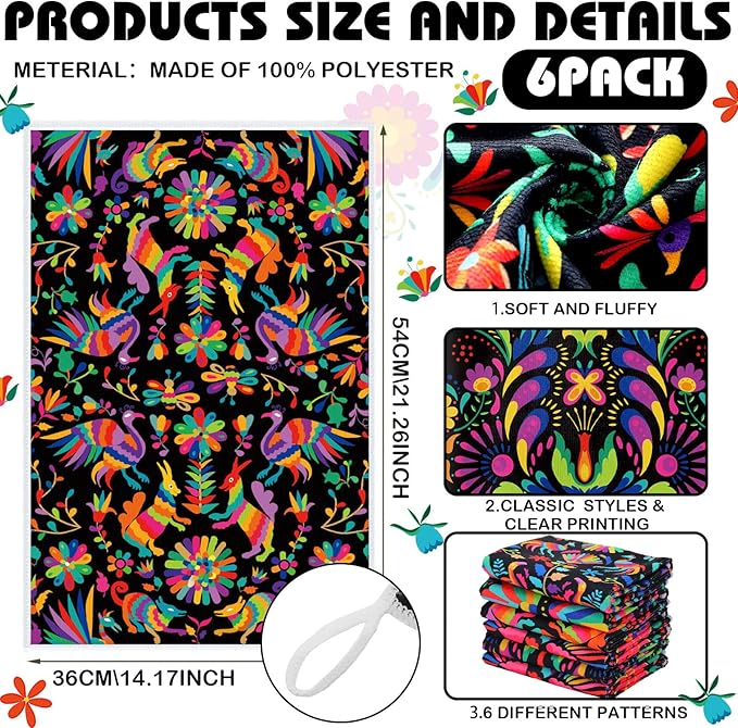 Breling Set of 6 Mexican Kitchen Towels Colorful Flowers Mexican Themed Dish Towel Bathroom Decorative Christmas Hand Cloths Decor for Holiday Kitchen Bathroom Home Cooking, 14 x 21 Inch