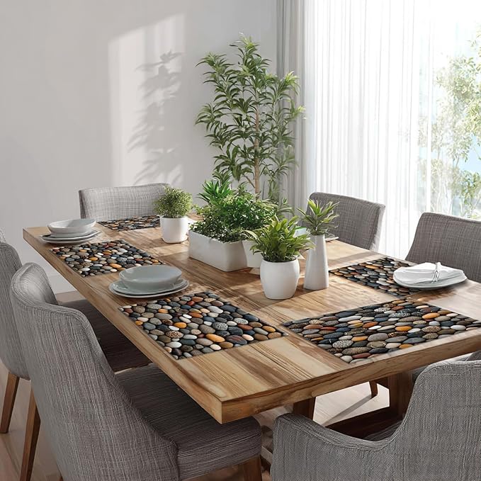 Batmerry Pebbles Various Textures Placemats, Assorted Smooth Stones Washable Linen Table Mats for Kitchen Table Double Insulation Decor Dining Set Indoor Outdoor 12X18 in Set of 6