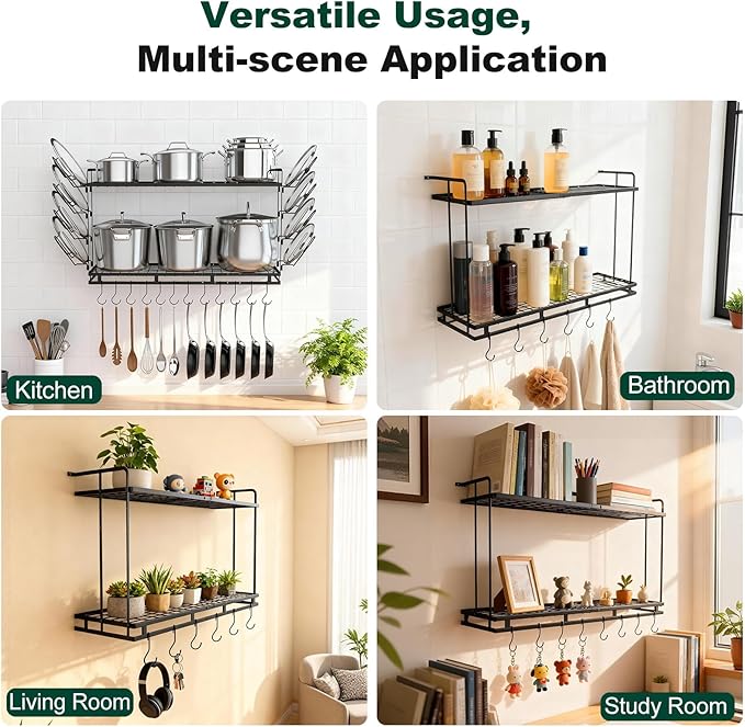 Housolution Pot Rack Wall Mounted, 22''-30'' Length Expandable, 3 Level Height Adjustable, 2 Tier Heavy Duty Hanging Cookware Pan Organizer with 12 Hooks and 8 Lid Holders