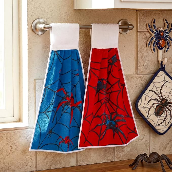 Tegeme 6 Pcs Hanging Kitchen Towels with Loop, Absorbent Hand Tie Towels Microfiber Decorative Fast Drying Kitchen Hanging Towel for Home Bathroom(Spider)