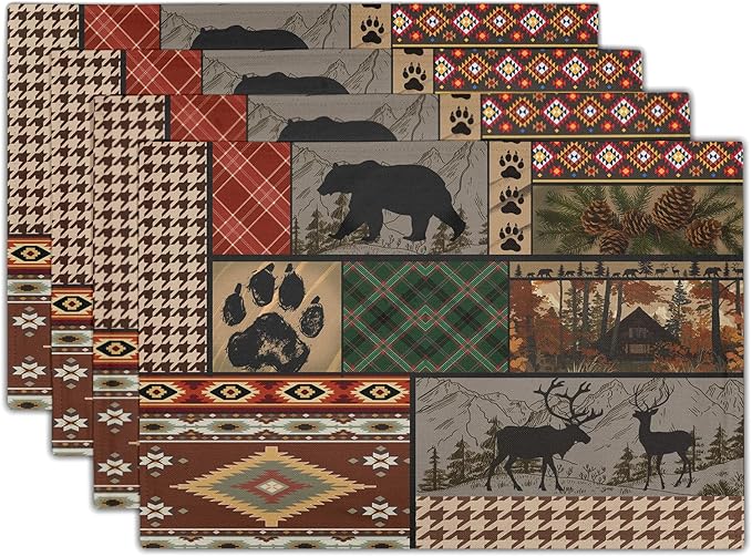 Rustic Lodge Bear Deer Placemats Set of 4, 12x18 Inch Vintage Cabin Pine Cone Wild Animal Place Mats Boho Style Country Heat Resistant Table Mats for Holiday Party Kitchen Dining Table