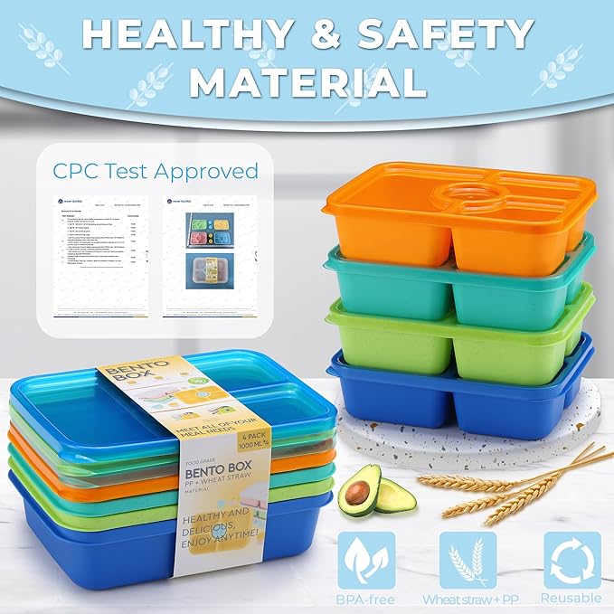 Bento Snack Box Containers, Meal Prep Container Reusable for Kids, Stackable Bento Box Adult 4 Pack, Divided Food Storage Containers with Clear Lids, Sauce Container, Bright Colors