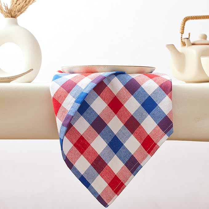 Cloth Napkins Set of 12, 100% Cotton Dinner Napkins 18x18 Inch, Soft Absorbent Gingham Check Napkin for Restaurant, Table Décor, Reusable Washable for Everyday Use - Red/Blue/White