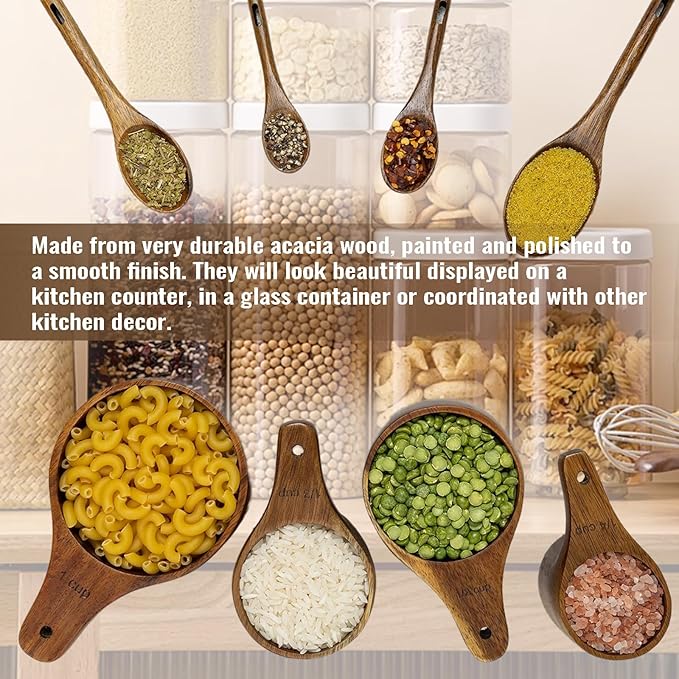 Wooden Measuring Cups and Spoons Set - Eco-Friendly Solid Acacia Wood, Laser Engraved Measurements, Perfect for Baking & Cooking - Ideal for Bakers, Chefs & Home Cooks（brown）