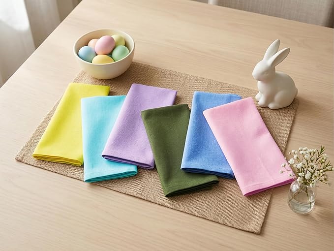 PurpleEssences Set of 12 Cloth Dinner Napkins 100% Cotton 18x18 Inch - Soft Durable Washable - Ideal for Farmhouse Party Spring Easter Summer - Perfect Everyday Use Table Linen - Multicolor