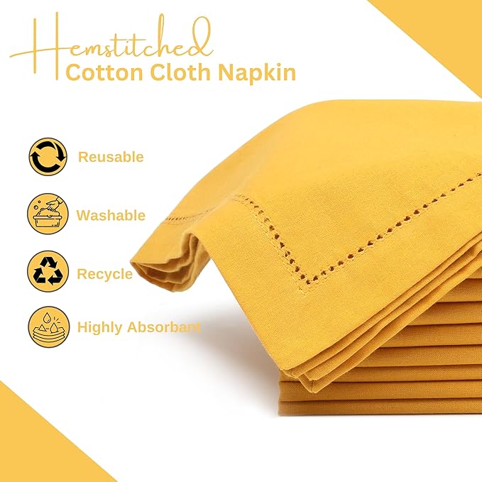 Lightnpro Decorative Cloth Dinner Napkins with Hemstitched, Wedding, Cocktail & Party Napkins, Mitered Corners, Machine Washable, 12 Elegant Table Napkins for Special Occasions - 18x18 Inch Mustard